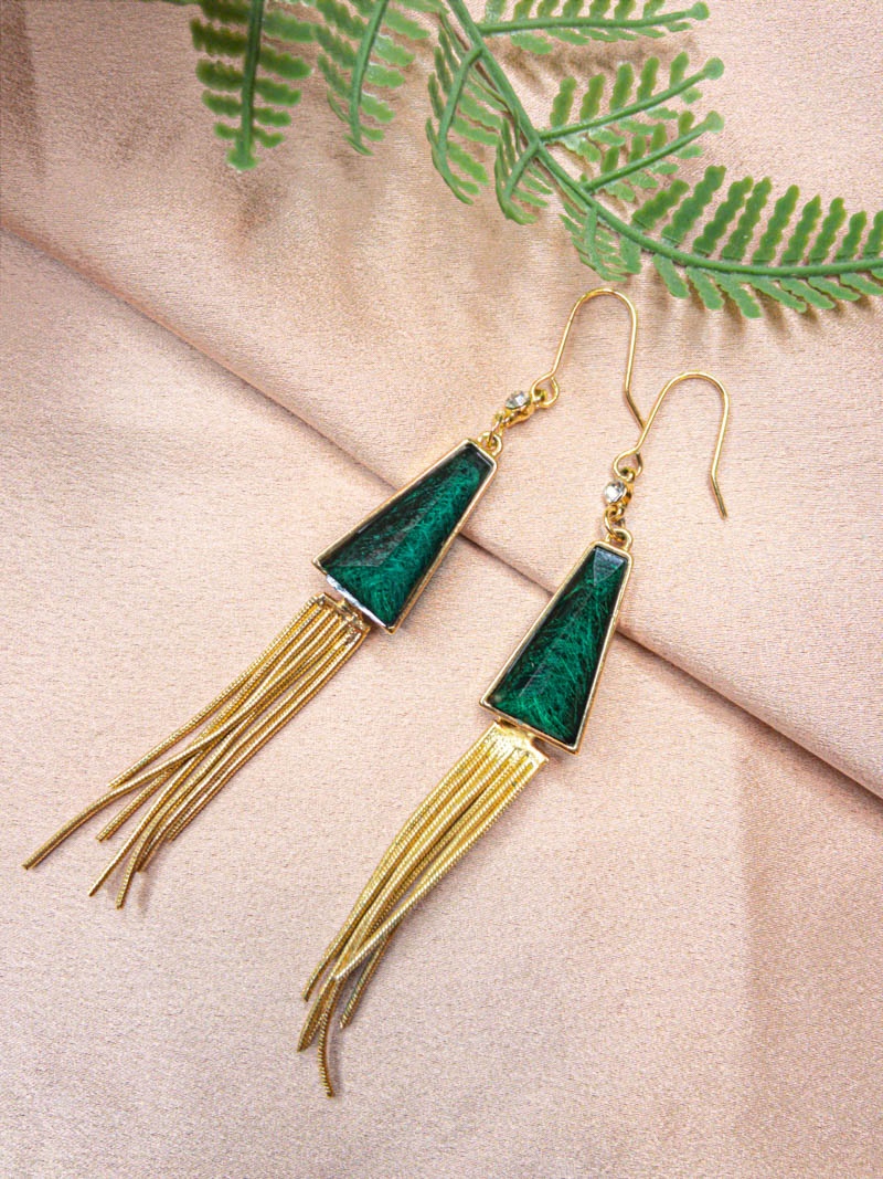 Emerald Stone With Gold Tassel Long Earrings