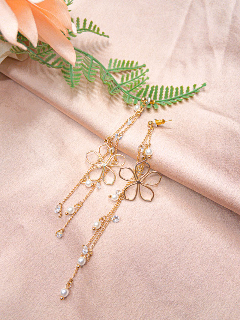 Floral Rhinestone Pearl Long Drop Earrings