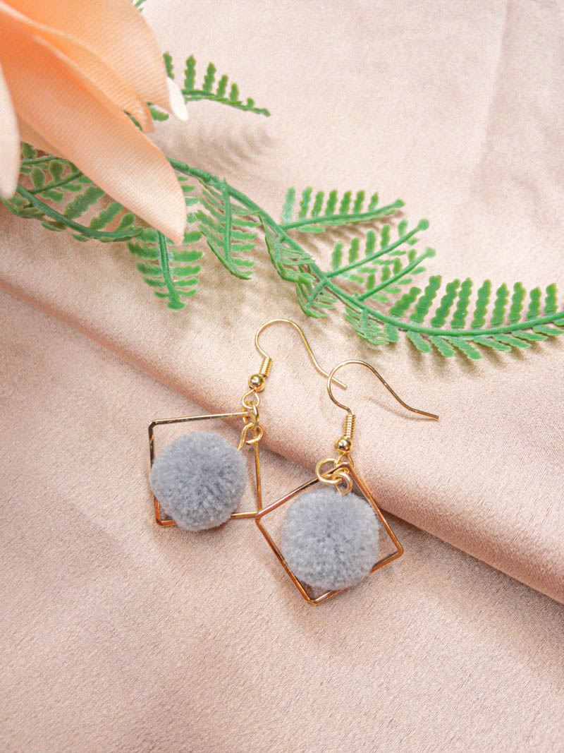 Gold Hollow Square Grey Fluffy Fur Ball Earrings