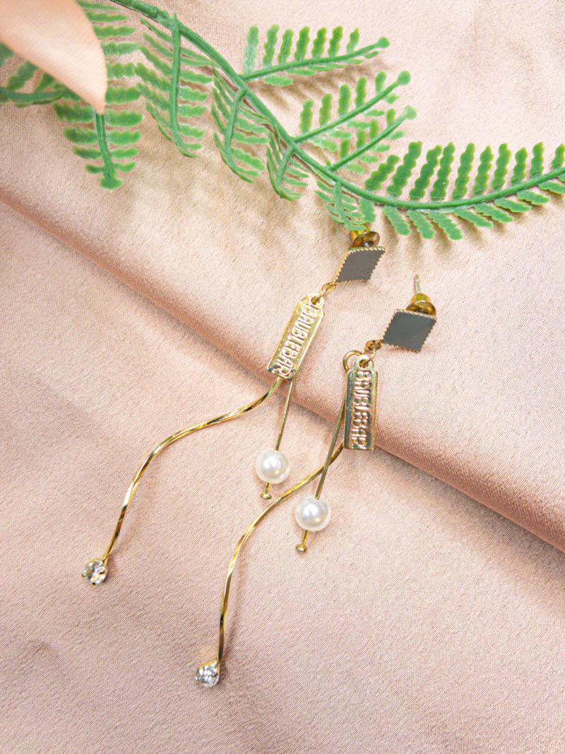 Golden Curved Cultured Pearl Dangle Earrings