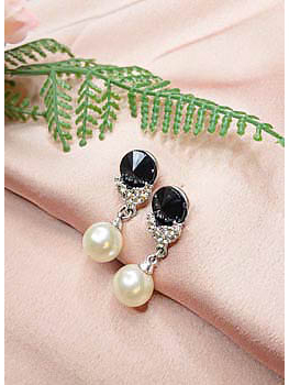 14K White Gold Cultured Pearls Black Stone Drop Earrings