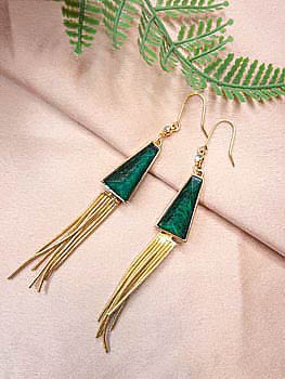 Emerald Stone With Gold Tassel Long Earrings