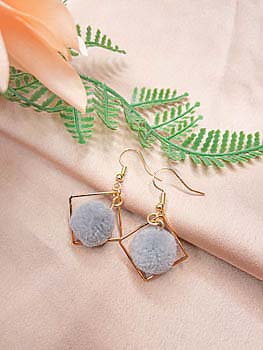 Gold Hollow Square Grey Fluffy Fur Ball Earrings